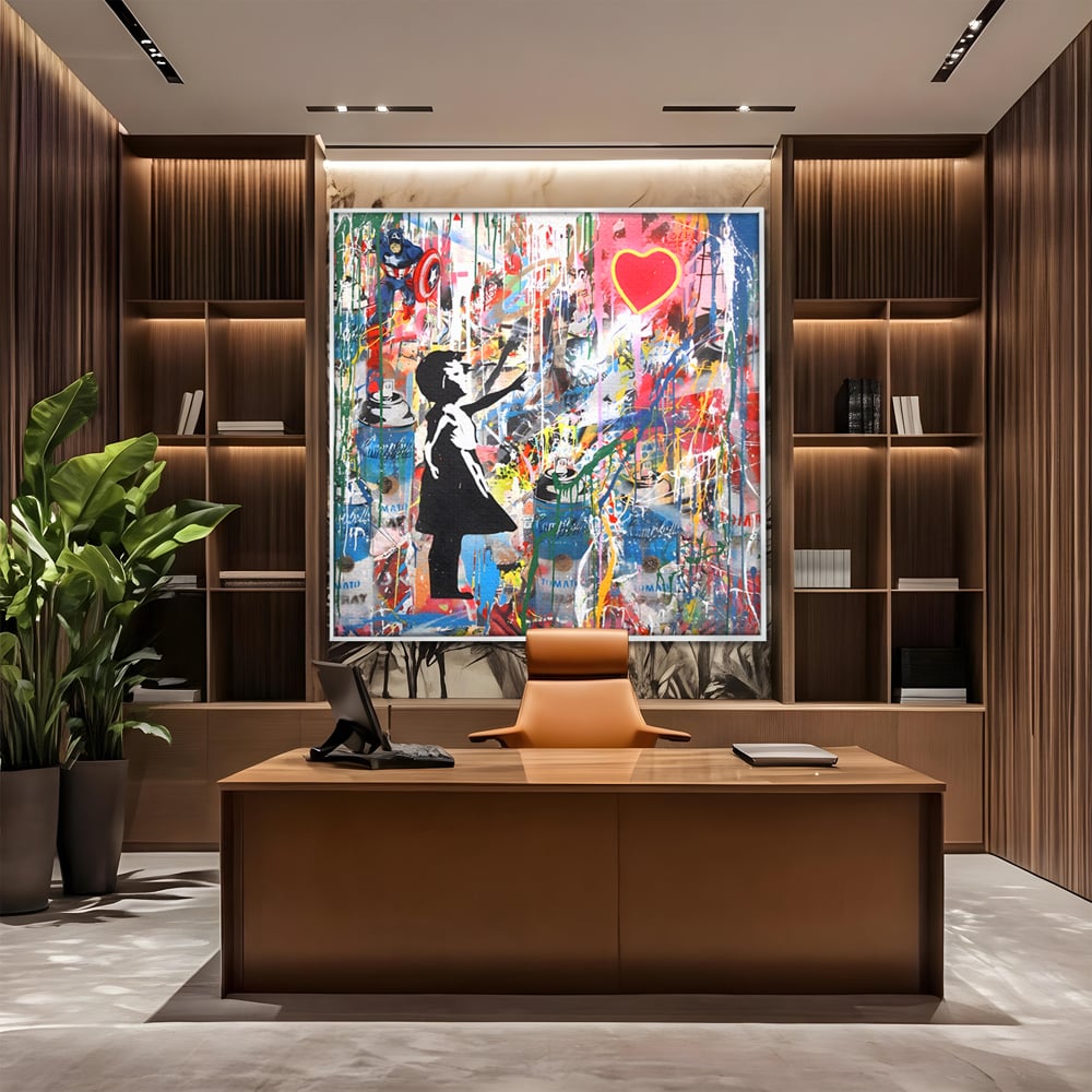 Tablou canvas cu tablou canvas cu silueta de copil si inima rosie, in rama de aluminiu argintiu, pe perete intr-un birou